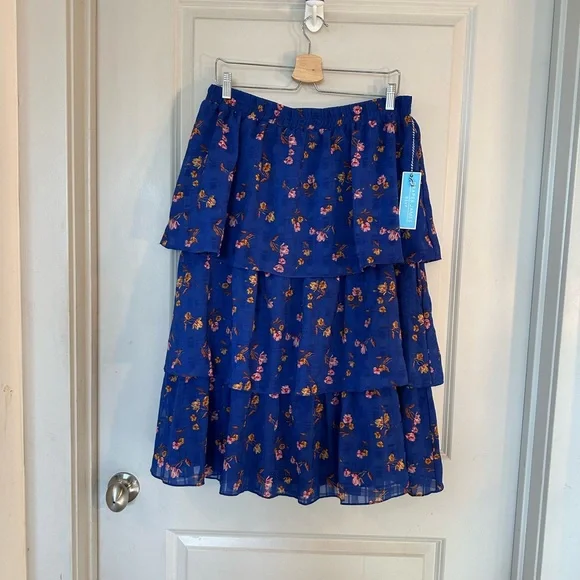 NEW Draper James RSVP Tiered Floral Ruffle Cobalt Blue Midi Skirt, Large - Picture 12 of 12
